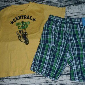 GYMBOREE Boys Size 4 Soccer Camp Plaid Adjustable Waist Shorts Shirt Outfit NWT